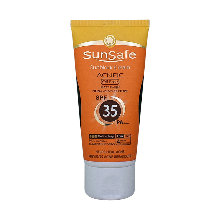 کرم ضد آفتاب رنگی بژ طبیعی پوست های چرب و آکنه ای سان سیف SPF35 حجم 50 میلی لیتر
