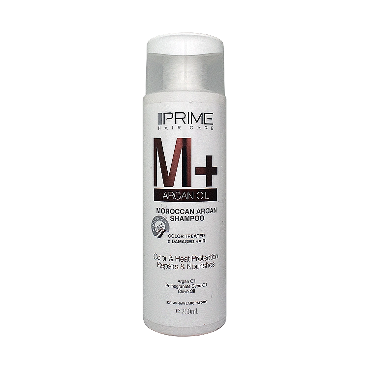 شامپو تقویت کننده آرگان موهای رنگ شده و آسیب دیده پرایم مدل +M حجم 250 میلی لیتر