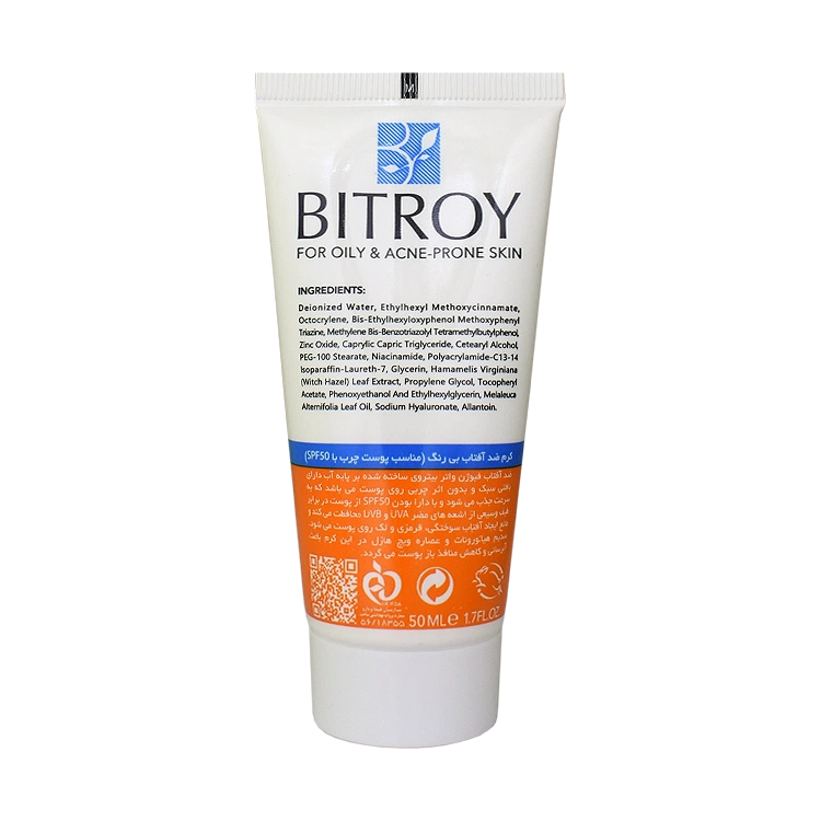 خرید کرم ضد آفتاب بی رنگ پوست های مختلط و چرب بیتروی SPF50 حجم 50 میلی لیتر