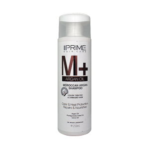 شامپو تقویت کننده آرگان موهای رنگ شده و آسیب دیده پرایم مدل +M حجم 250 میلی لیتر