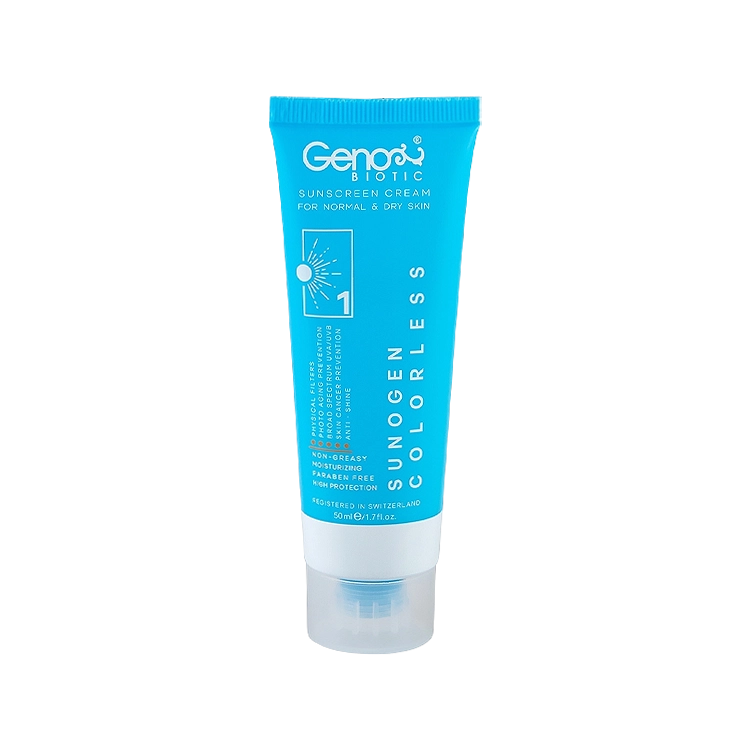 کرم ضد آفتاب بی رنگ پوست های خشک و معمولی سانوژن ژنوبایوتیک SPF50 حجم 50 میلی لیتر