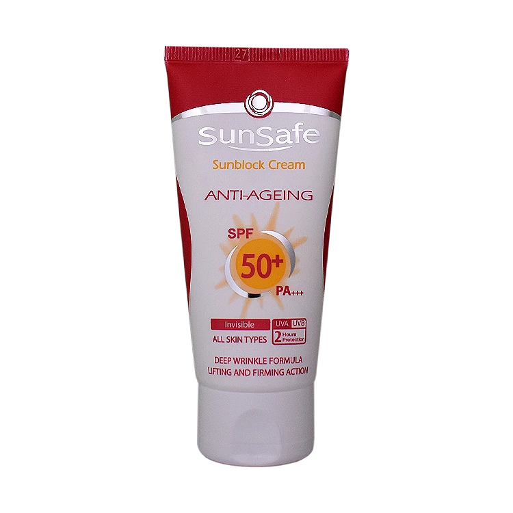 کرم ضد آفتاب ضد چروک بی رنگ انواع پوست سان سیف SPF50 حجم 50 میلی لیتر