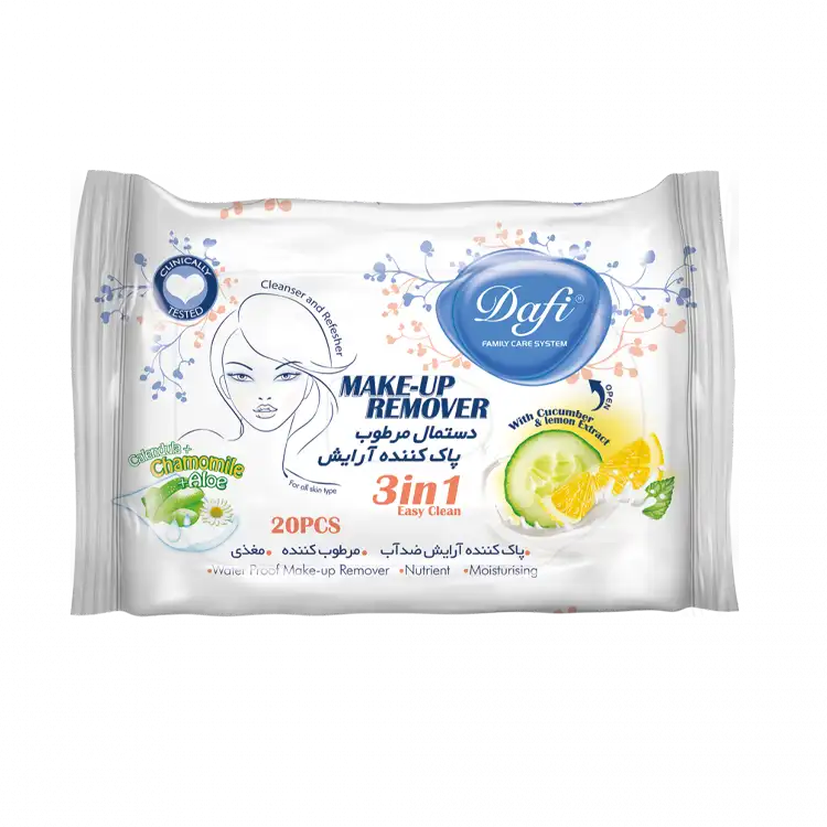 دستمال مرطوب پاک کننده آرایش سه کاره دافی بسته 20 عددی