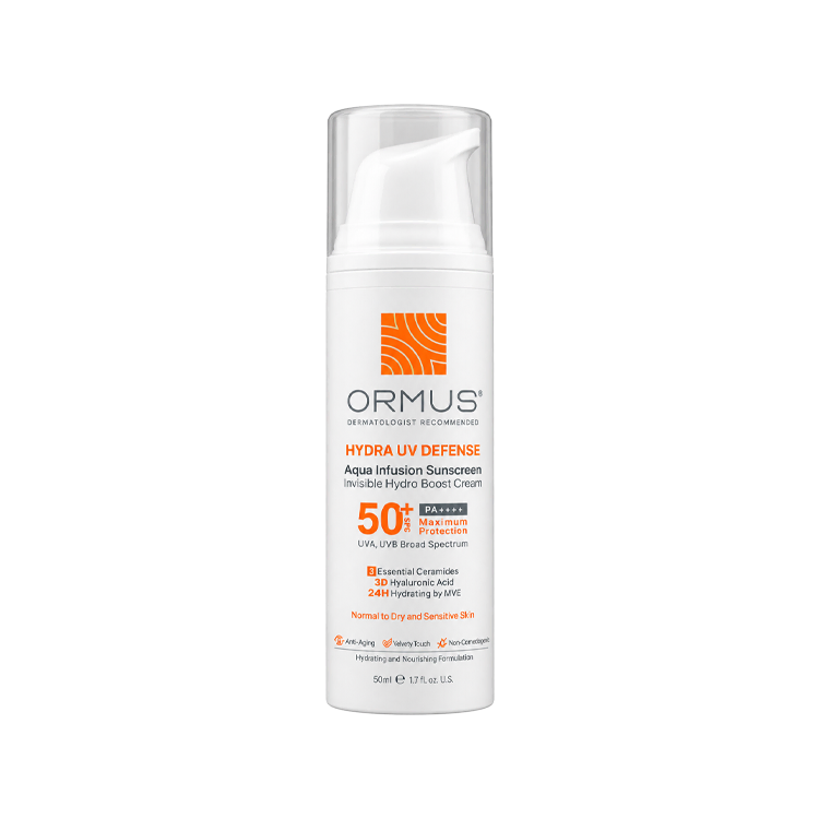 کرم ضد آفتاب آبرسان بی رنگ پوست های خشک و معمولی اورموس SPF50 حجم 50 میلی لیتر