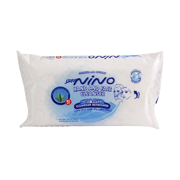 دستمال مرطوب پاک کننده دست و صورت نینو بسته 10 عددی
