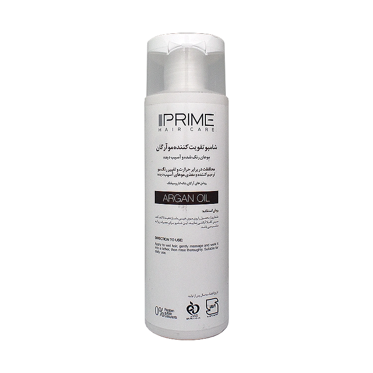 خرید شامپو تقویت کننده آرگان موهای رنگ شده و آسیب دیده پرایم مدل +M حجم 250 میلی لیتر