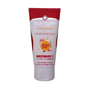 کرم ضد آفتاب ضد چروک بی رنگ انواع پوست سان سیف SPF50 حجم 50 میلی لیتر